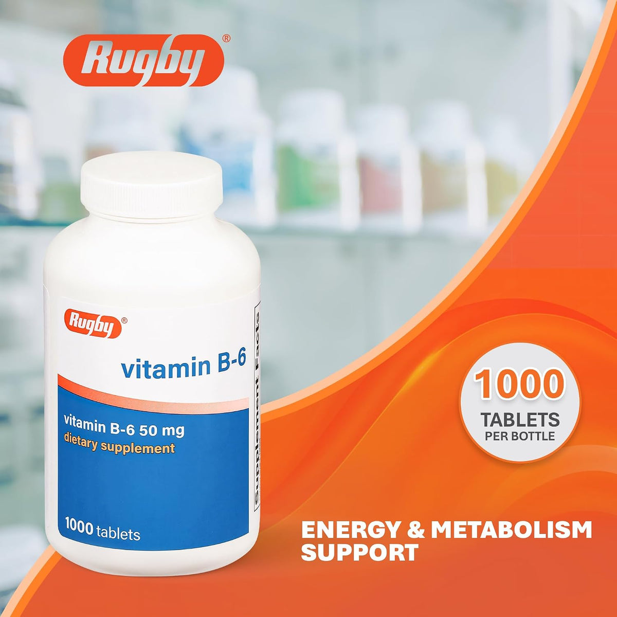 Rugby Vitamin B6 50mg Tablets, Gluten-Free Food Supplement for Adults - 1000 Count - görsel 2