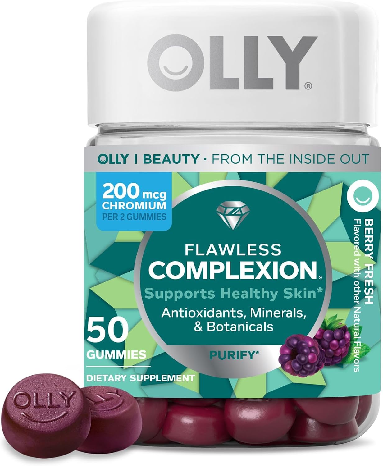 OLLY Flawless Complexion Gummy, Skin Support with Vitamins A, E & Zinc, Chewable Supplement, Berry Flavour, 50 Gummies - görsel 1