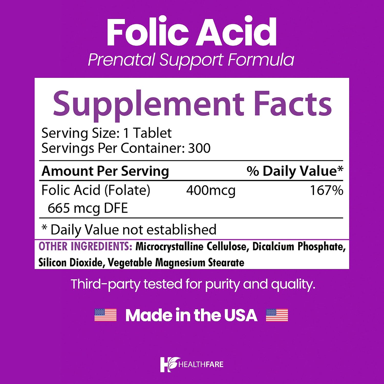 Healthfare Folic Acid 400mcg | 300 Veg Tablets | Folate Vitamin B9 | Gluten-free & Non-GMO - görsel 3