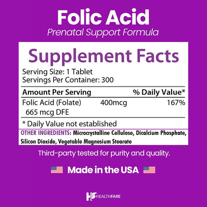 Healthfare Folic Acid 400mcg | 300 Veg Tablets | Folate Vitamin B9 | Gluten-free & Non-GMO