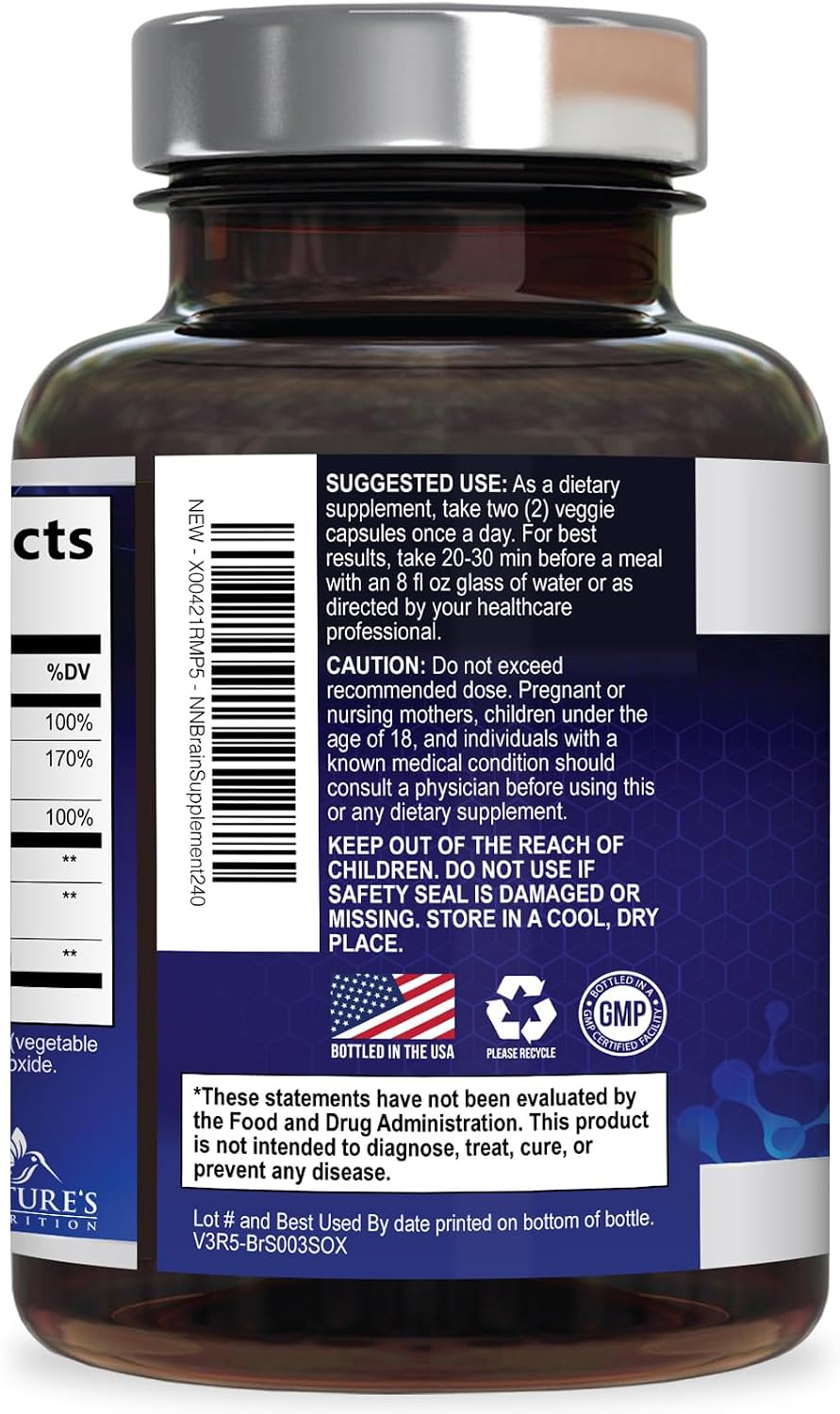 Brain Memory Supplement Capsules - 3X Strength Nootropics for Concentration, Clarity and Focus Support - with Bacopa, Phosphatidylserine and DMAE - 240 Capsules - görsel 8