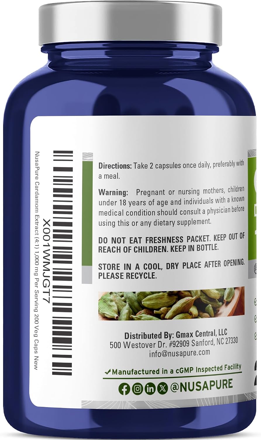 NusaPure Cardamom Capsules, 1000 mg, 200 Veg Capsules - görsel 3