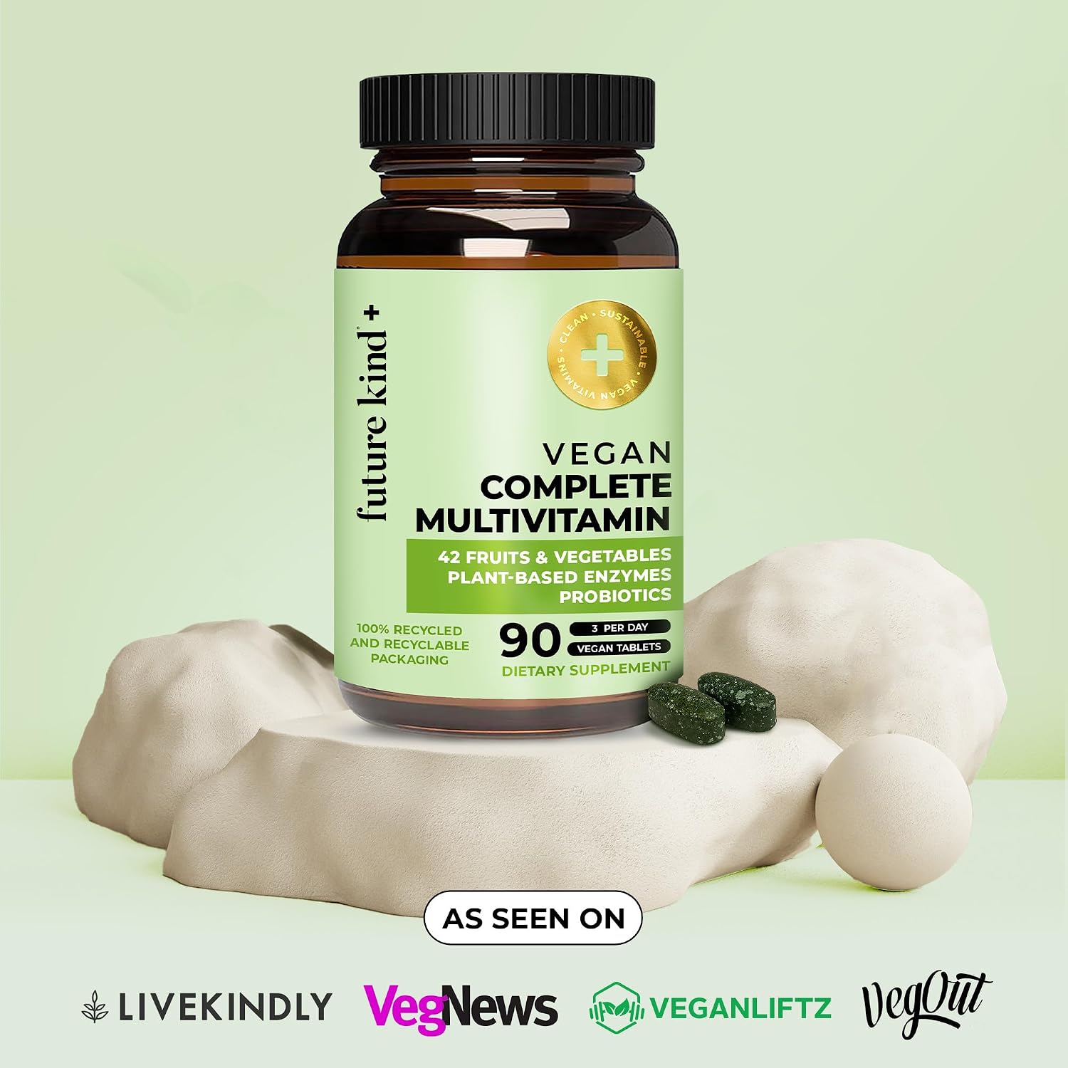Future Kind Vegan Multivitamins Complete - 42-in-1 Multivitamin for Women and Men with Enzymes, B12, Zinc, and Probiotics (90 Tablets) - görsel 4