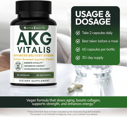 AKG Anti-Ageing & Vitality Supplement with Vitamin B6, Vitamin C & L-Arginine – 60 Capsules