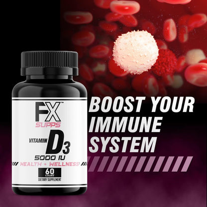 FXSUPPS Vitamin D3 5000 IU (60 Soft Gels) – Food Supplement for Bone, Heart & Immune Health