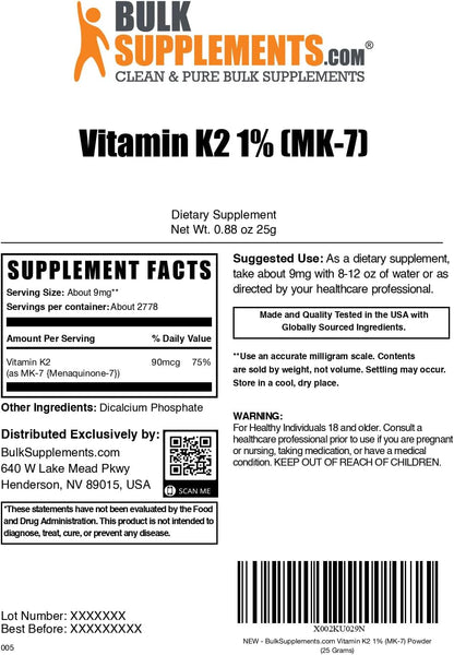 BulkSupplements Vitamin K2 Powder MK-7 - 9 mg per Serving, 25 g