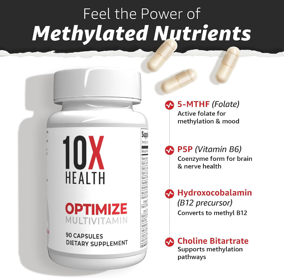 10X Health Optimise Methylated Multivitamin for Men and Women - 90 Capsules, 34-in-1 Formula with 800 mcg B12, 5-MTHF, NAC - görsel 3