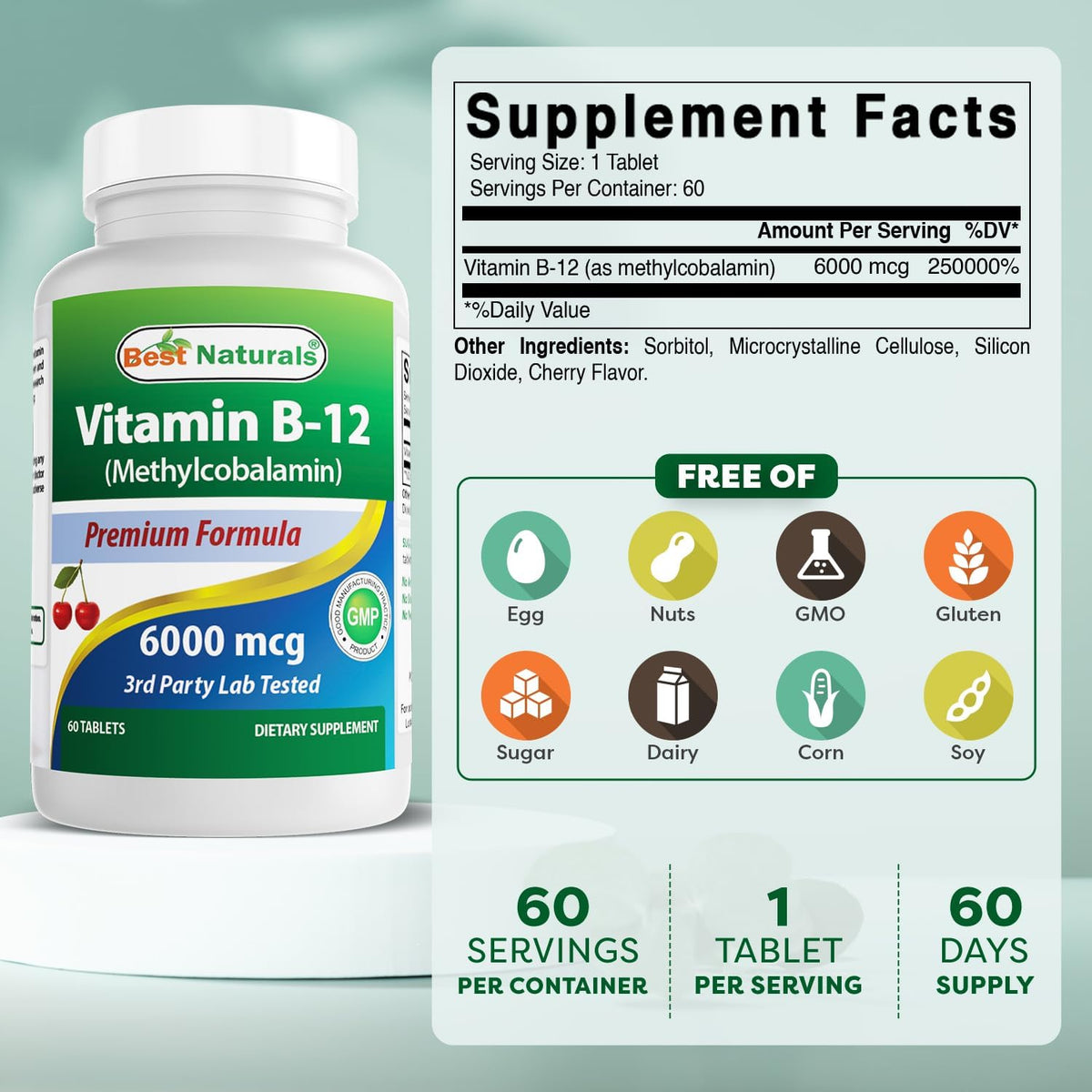 Best Naturals Vitamin B-12 as Methylcobalamin (Methyl B12) - 6000 mcg, 60 Tablets - görsel 2