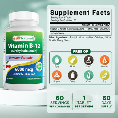 Best Naturals Vitamin B-12 as Methylcobalamin (Methyl B12) - 6000 mcg, 60 Tablets