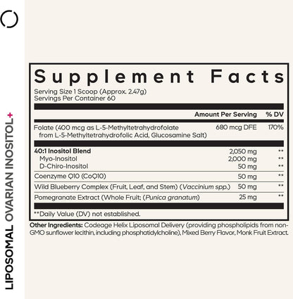 Codeage Liposomal Ovarian Inositol Powder – Myo-Inositol & D-Chiro-Inositol 40:1 Blend with Folate 5-MTHF, CoQ10, Mixed Berry Flavour – 60 servings