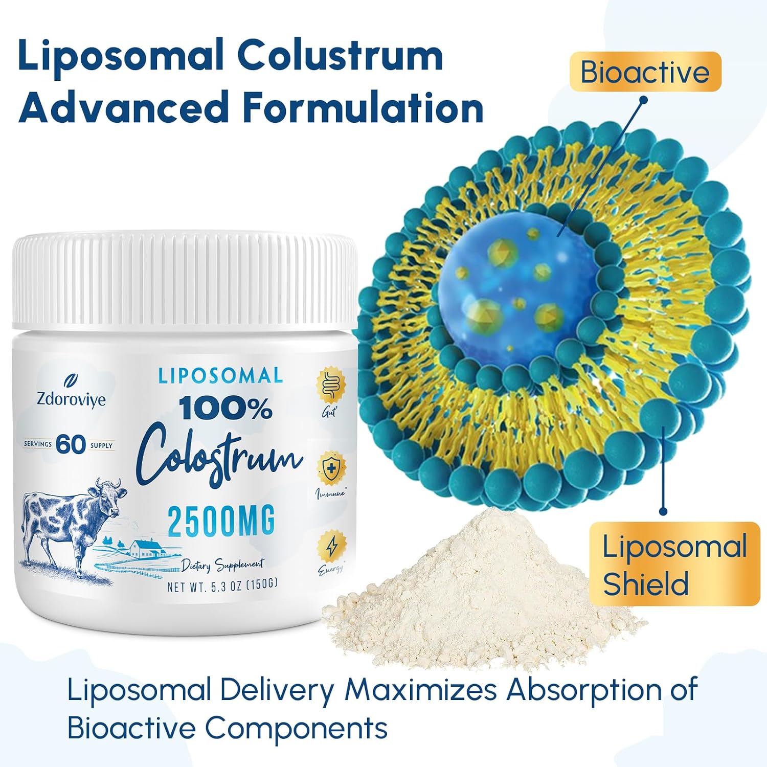 Zdoroviye Liposomal Bovine Colostrum Powder 2500 mg, Improved Absorption Compared to Standard Colostrum (60 Servings) - görsel 3