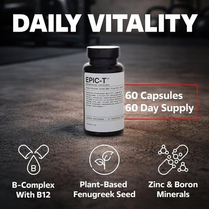 EPIC-T Testosterone Support for Men | Clinically Studied Testosurge® Fenugreek | B-Complex, Zinc, Boron, Rhodiola | Vegan, Non-GMO | 60 Capsules