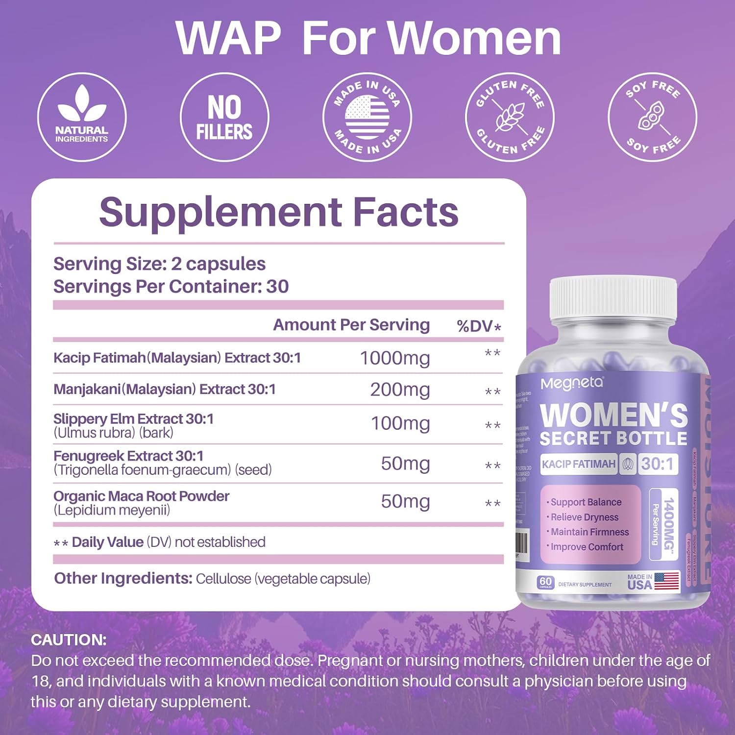 Advanced Feminine Wellness Supplement – Herbal Blend with Kacip Fatimah, Fenugreek, Slippery Elm Bark, and Manjakani – 60 Capsules - görsel 2