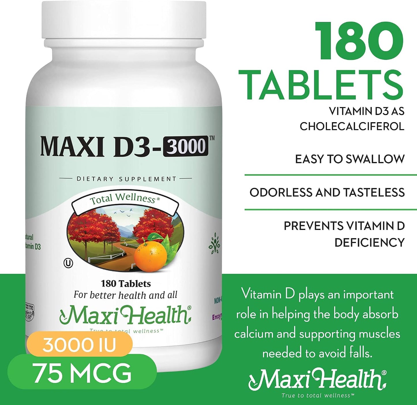 Maxi Health Vitamin D3 3000 IU – 180 Tablets - görsel 2