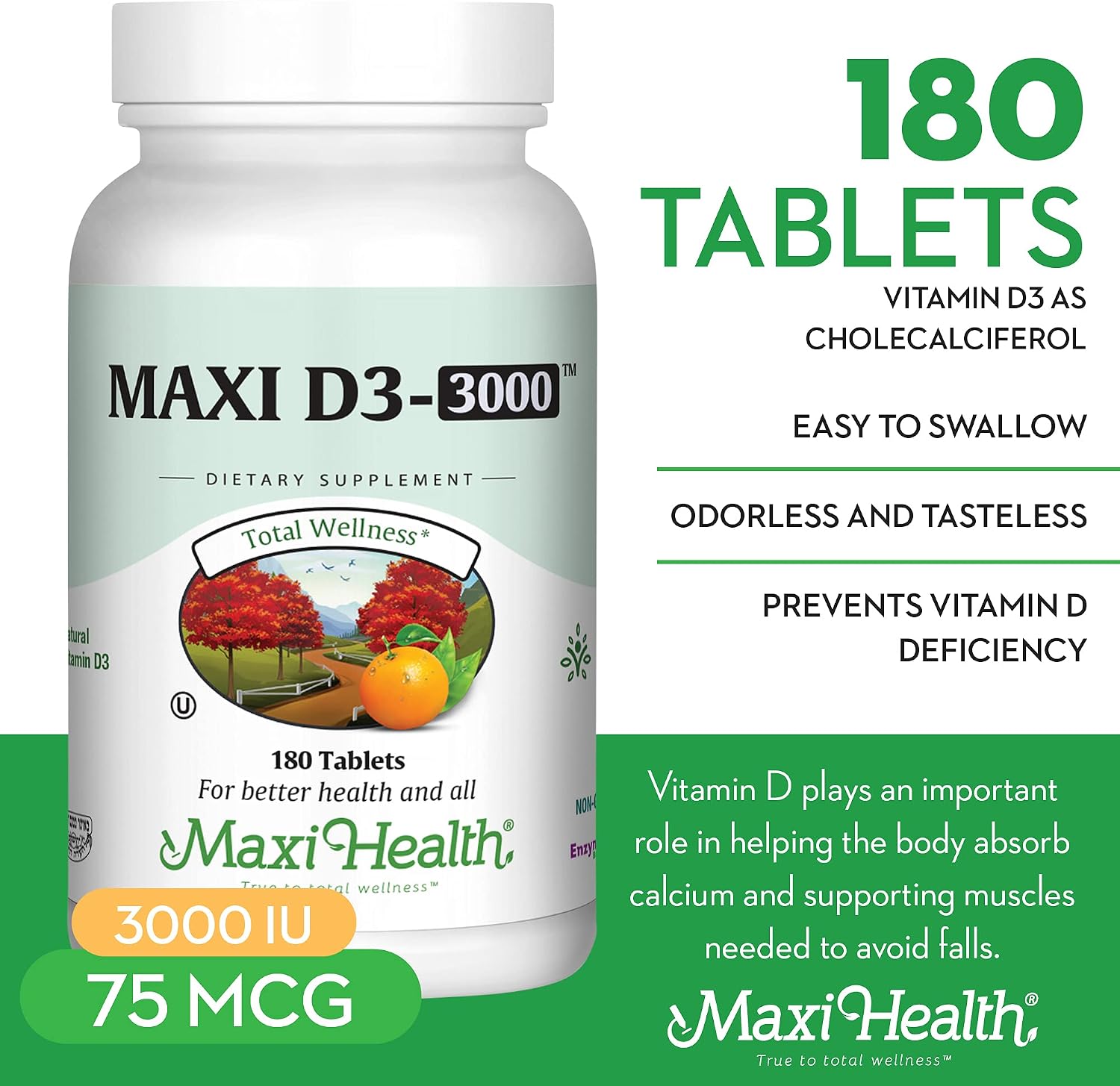 Maxi Health Vitamin D3 3000 IU – 180 Tablets - görsel 2