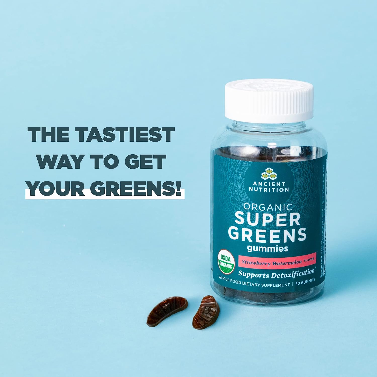 Ancient Nutrition Supergreens Gummy, Organic Superfood Gummy Made from Real Fruits, Vegetables and Herbs, for Digestive and Energy Support, 100 Count, Strawberry Watermelon - görsel 6