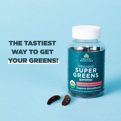 Ancient Nutrition Supergreens Gummy, Organic Superfood Gummy Made from Real Fruits, Vegetables and Herbs, for Digestive and Energy Support, 100 Count, Strawberry Watermelon