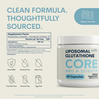 Core Med Science Liposomal Glutathione Setria 500mg Capsules – Physician-Developed High Absorption Antioxidant Support for Liver, Skin and Immune Health – 60 Capsules Non-GMO Made in the USA