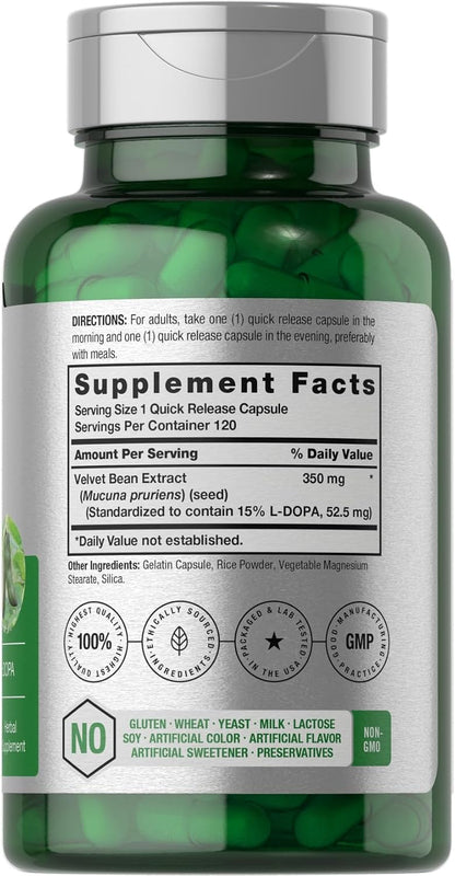 Horbäach Dopa Mucuna Supplement | 120 Capsules | Velvet Bean Herbal Extract | 15% L-Dopa | Non-GMO & Gluten-free