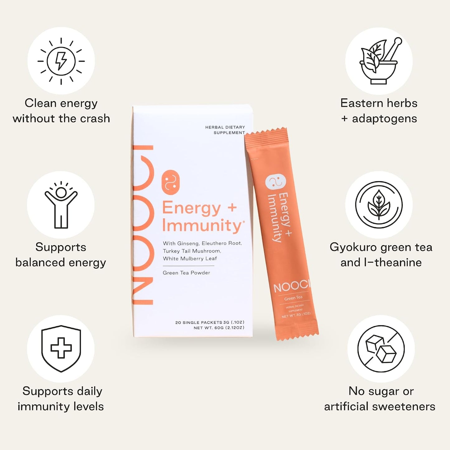NOOCI Energy + Immunity: Natural Herbal Energy Supplement Powder with Ginseng & Turkey Tail Mushroom - görsel 2