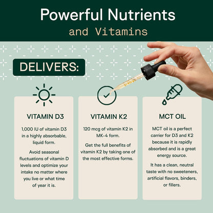 Adapt Naturals Vitamin D3 K2 1000 IU Supplement with MCT Oil – Bio-available Liquid Formula, 1 fl oz (approx. 30 ml, 600 Servings)