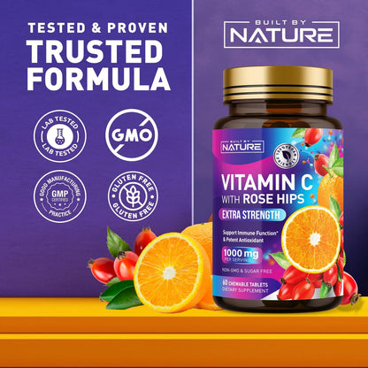 Built by Nature Chewable Vitamin C with Rose Hips – 1000mg Immune Support – Orange Flavour – 60 Tablets