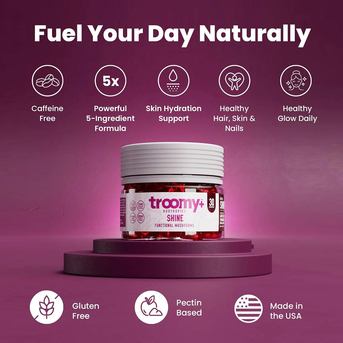 Troomy Shine Tremella Mushroom Gummies with Biotin and Collagen for Hair Skin and Nails, White Peach Pomegranate Flavour, Vegan-Friendly, Gluten-free, Made in USA, Independent Lab Quality-Checked - 30 Count - görsel 2