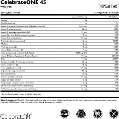 CelebrateONE 45 Bariatric Multivitamin with Iron, Once Daily Tropical Twist Flavour Chewable – 30 Tablets