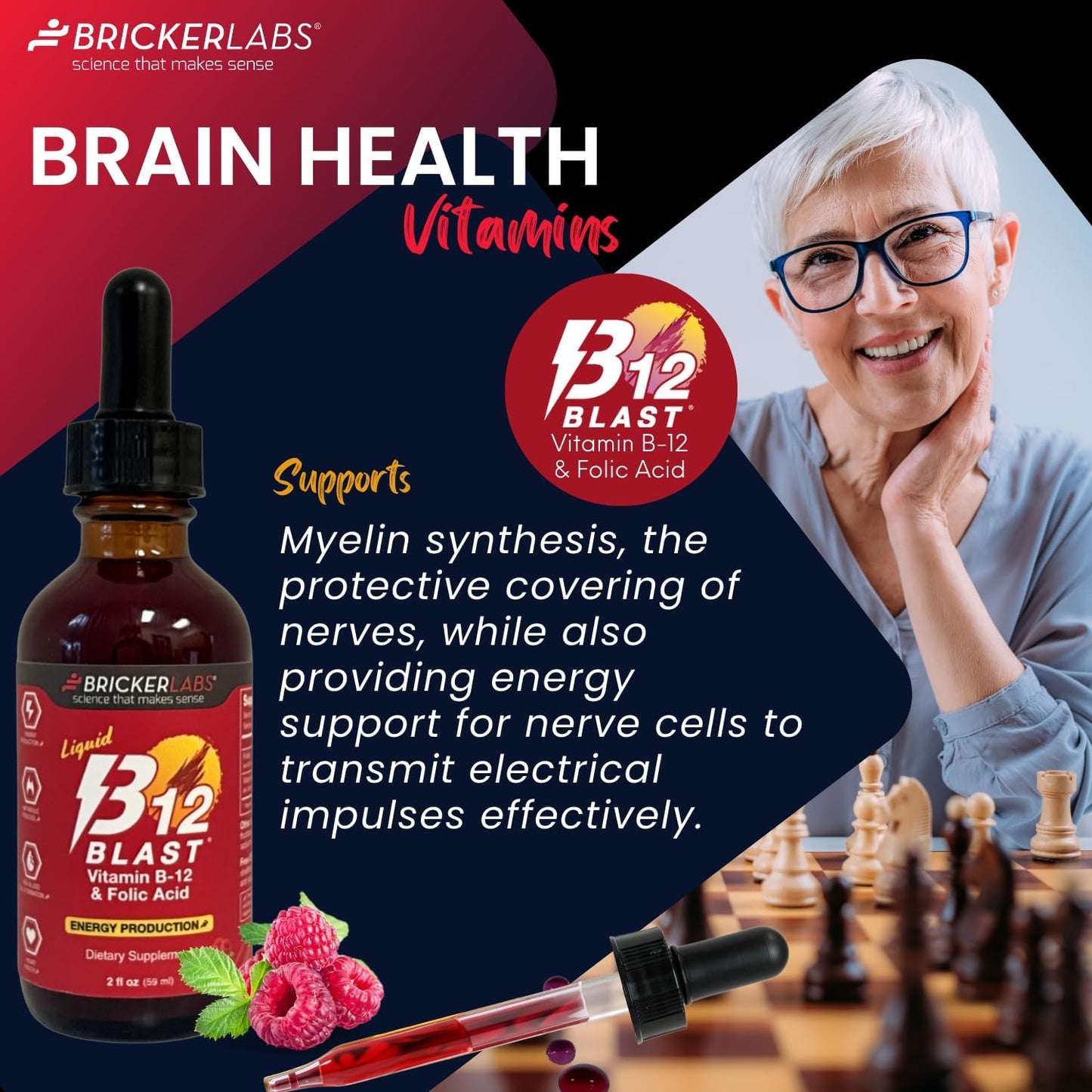 Bricker Labs B-12 Blast Liquid Vitamin B12 and Folic Acid Food Supplement – Natural Raspberry Flavour, 59 ml - görsel 3