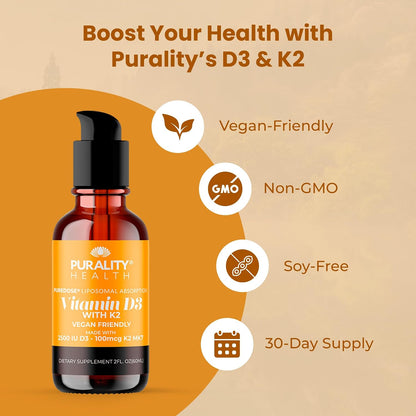 PURALITY HEALTH Vitamin D3 with K2 Liquid Supplement, Vegan, Micelle Liposomal Enhanced Absorption, Non-GMO, 30 Day Supply