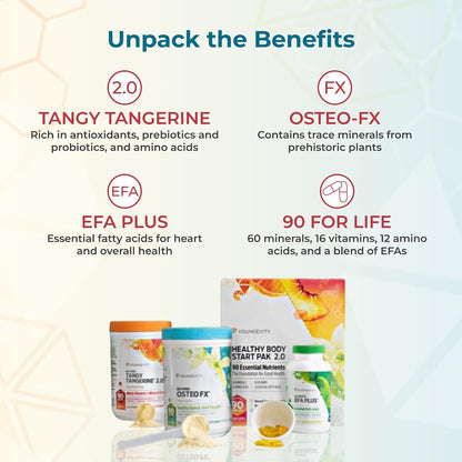 Youngevity Healthy Body Start Pak 2.0 | Complete All-in-One Nutrition | 60 Minerals, 16 Vitamins, 12 Amino Acids, 6 Essential Fatty Acids | Whole Foods, Pre/Probiotics + Bone Formula
