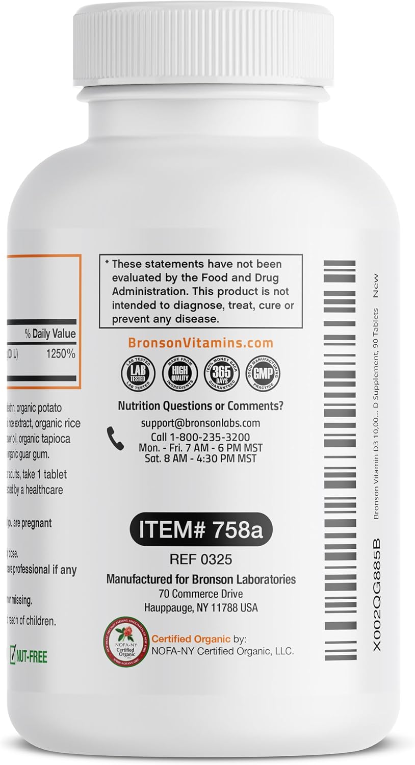 Bronson Vitamin D3 10,000 IU - Organic Non-GM Supplement for Immune & Bone Health, 90 Tablets - görsel 6