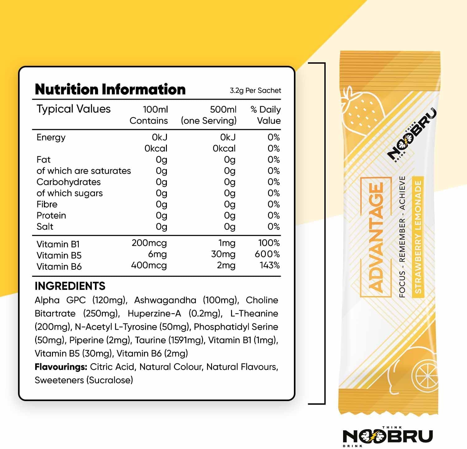 Noobru Advantage Nootropic - Cognitive Brain Supplement, 20 Strawberry Lemonade Sachets - görsel 2