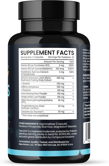 Energy and Focus – Extra Strength 200mg Caffeine and Lion's Mane Mushroom Supplement, 60 Capsules – with Alpha GPC, L-Theanine, L-Tyrosine to Support Brain Function and Concentration