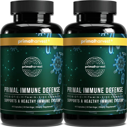 Primal Harvest Primal Immune Defence: 10-in-1 Immune Support with Probiotics, Zinc, Vitamins C, B6, D3 & K2 – 120 Capsules (Pack of 2)