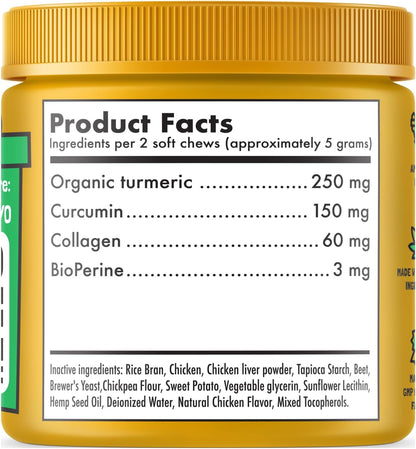 Turmeric Curcumin Hip & Joint Dog Supplement with Collagen & BioPerine - 120 Chews