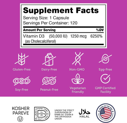 Zahler Advanced Vitamin D3 50000 IU Capsules – Weekly Supplement for Immune, Bone and Teeth Support (120 Count)