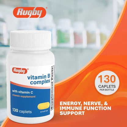 Rugby Vitamin B Complex with Vitamin C – Gluten-free B Complex for Energy, Metabolism, Nerve and Immune Support, 130 Caplets