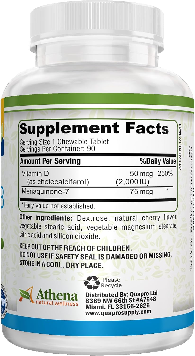 Athena Vitamin D3 2000IU with K2 (MK-7) - 90 Chewable Tablets - görsel 2