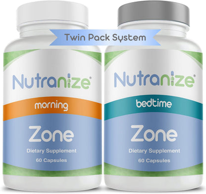 Nutranize Zone Twin-Pack Supplement System - Pharmacist-Designed Morning & Bedtime Capsules with Magnesium Glycinate, Vitamin D3, K2 MK7, Methylfolate, Chromium, Melatonin - 30 Day Supply (120 Capsules)