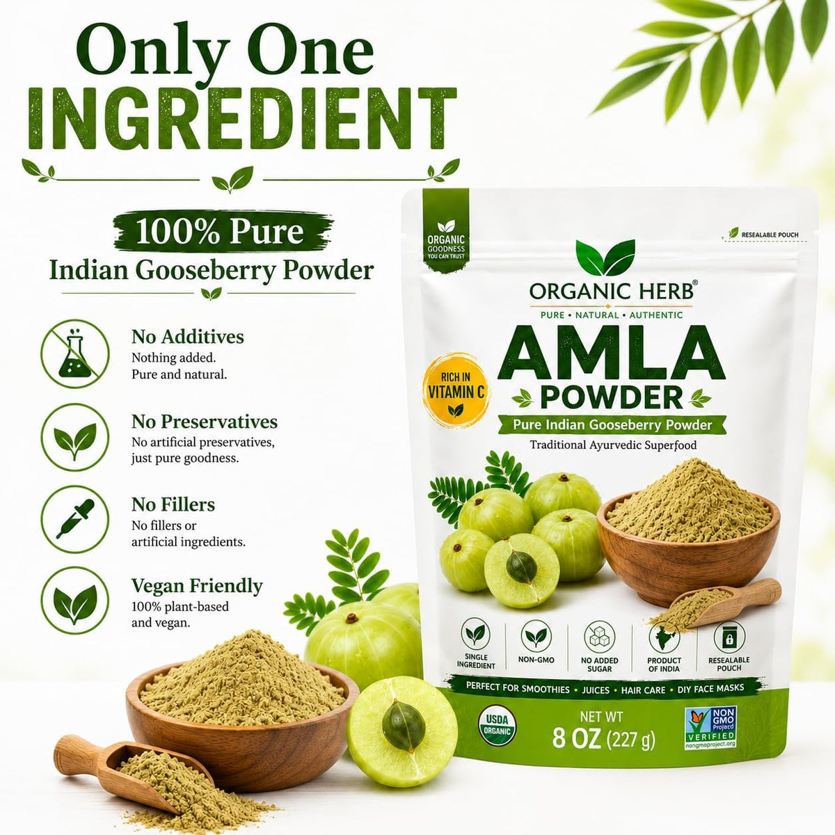 Organic Amla Powder - Pure Indian Gooseberry Vitamin C Supplement for Immune Support and Skin Health - 227 g - görsel 5