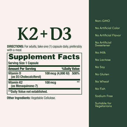 Nature's Bounty Vitamin D3 K2 Supplement, 4000 IU D3 + 100 mcg K2, 30 Vegetarian Capsules