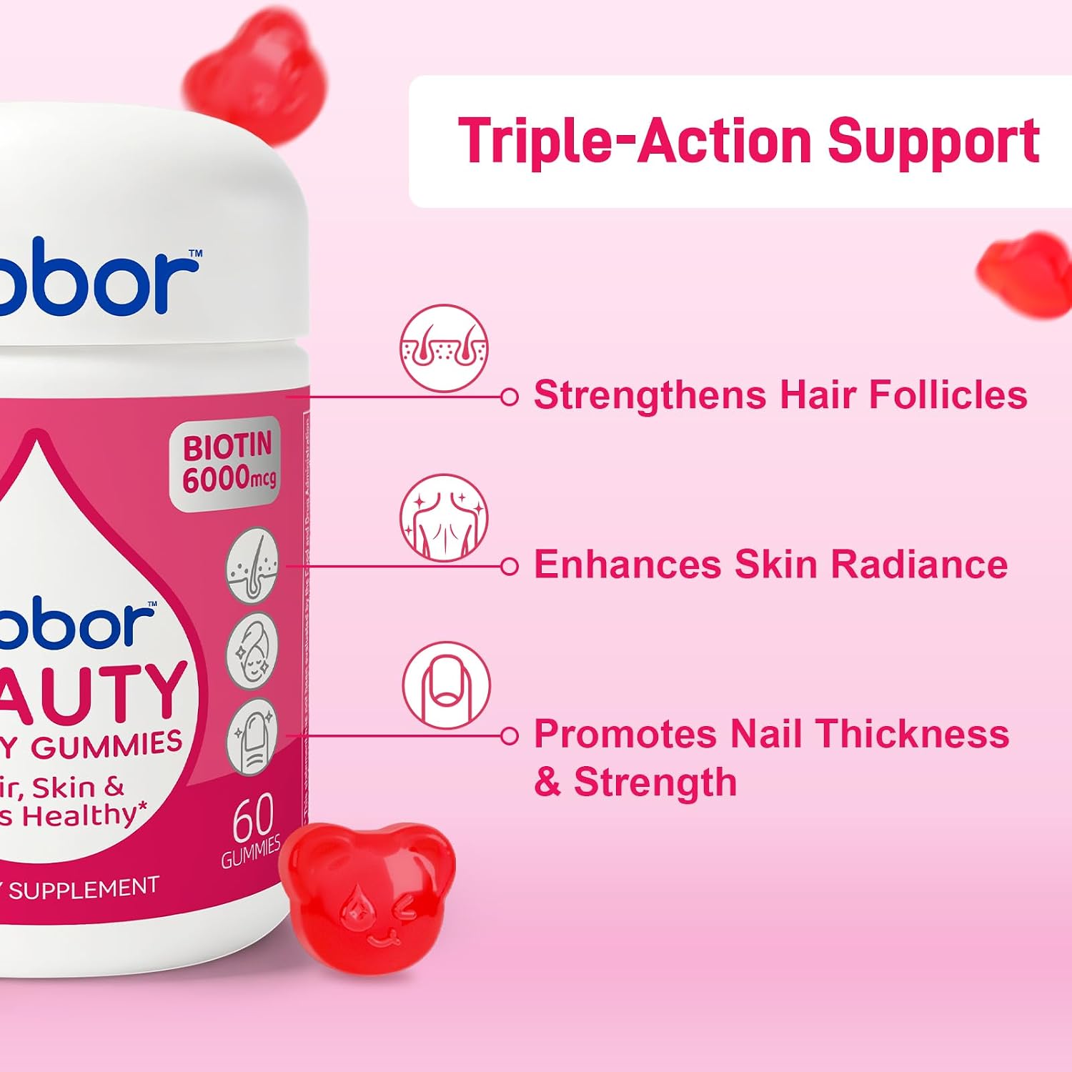 Biobor Natural 6000mcg Biotin Gummies - No Added Sugar, Hair Skin and Nails Support with Vitamins A, C, E (Strawberry, 60 Count) - görsel 4