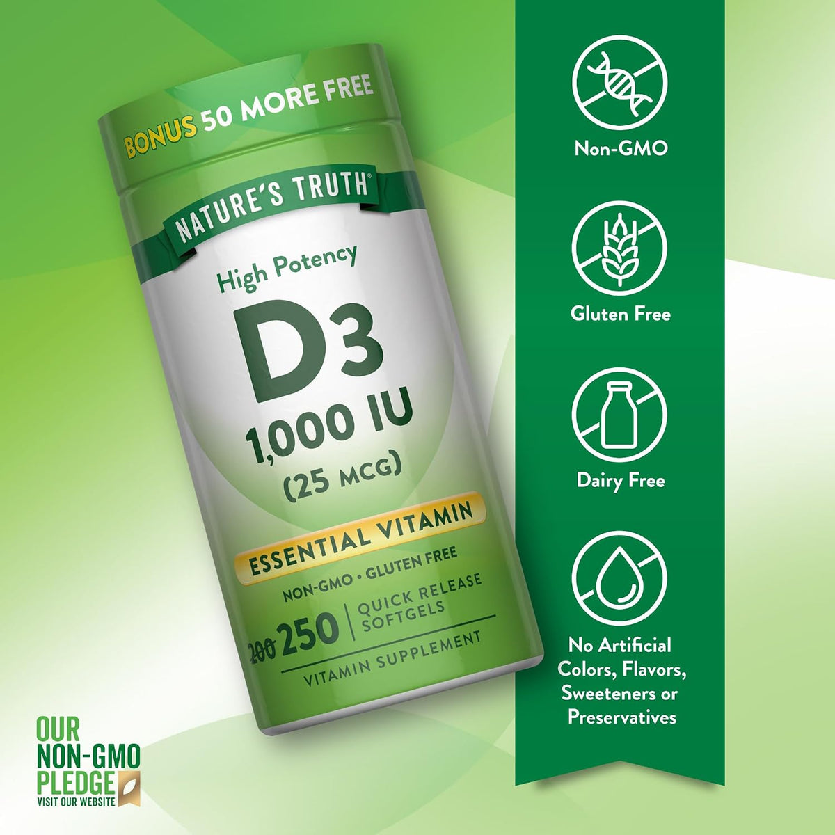 Nature's Truth D3 1000 IU | 250 Softgels | Essential Vitamin D | Non-GMO & Gluten-Free Supplement - görsel 3