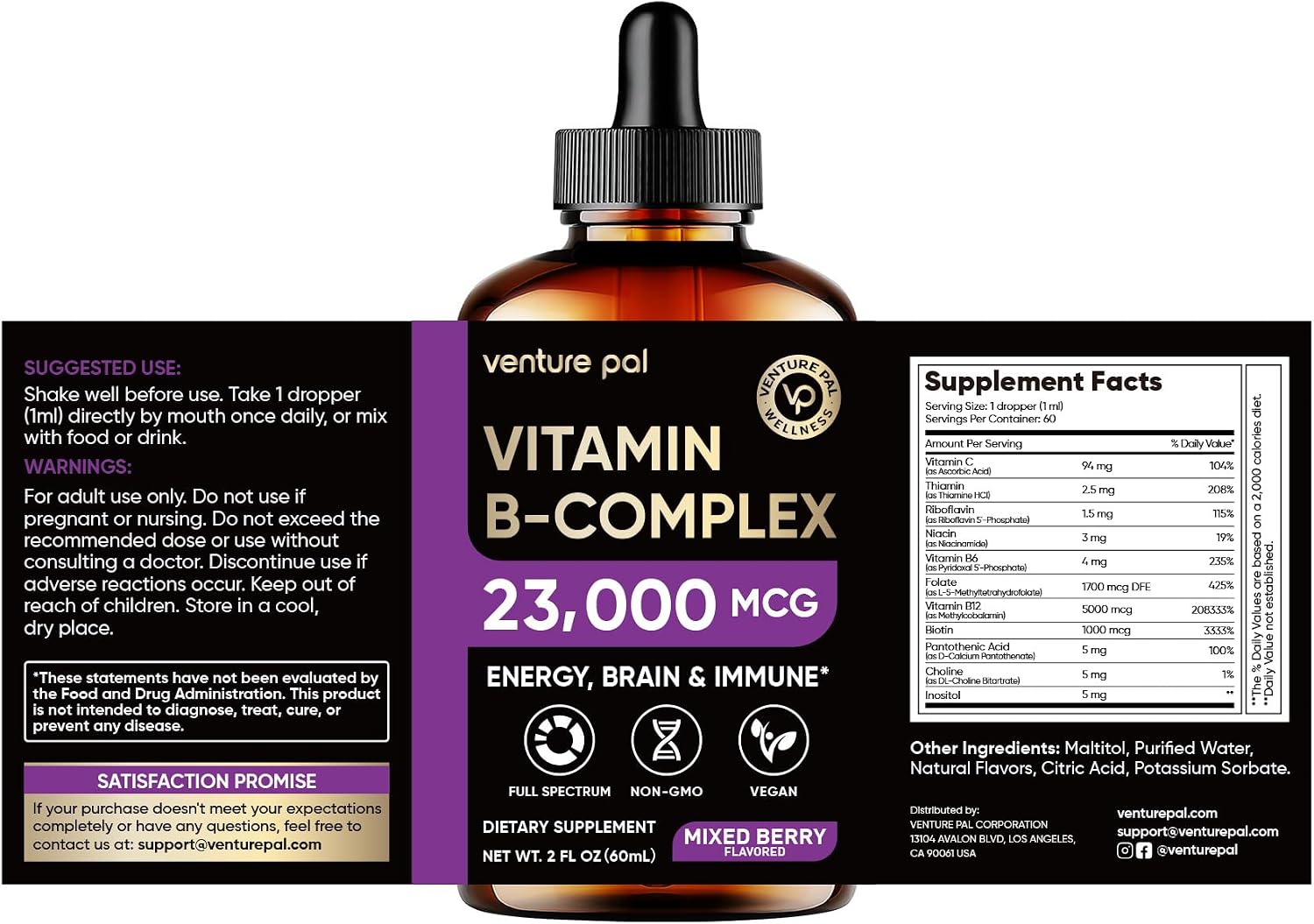 Venture Pal Vitamin B Complex Liquid Drops, B12 Methylcobalamin | B9 Folic | B1,B2,B3,B5,B6,B7 - Vitamin C, Choline, Inositol, Immune & Energy Metabolism, Brain & Heart Support - görsel 10