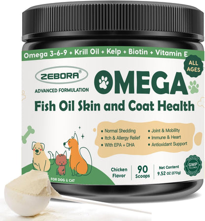 Omega-3 Fish Oil Powder for Dogs – Wild Caught with EPA, DHA, Krill Oil & Kelp