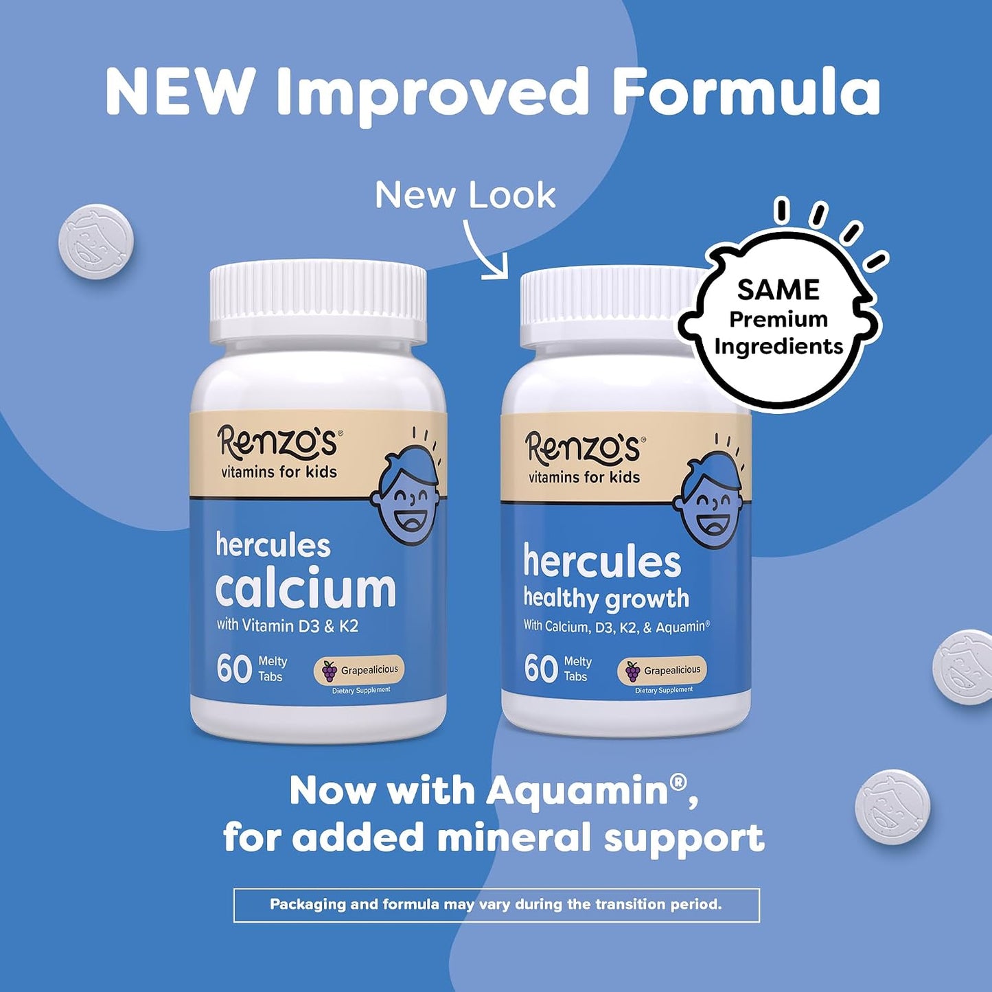 Renzo's Hercules Healthy Growth Calcium Supplement with Vitamin D3, K2 & Aquamin - Sugar-Free Dissolvable Tablets for Children Aged 2+ - Grape Flavour (60 Count) - görsel 4