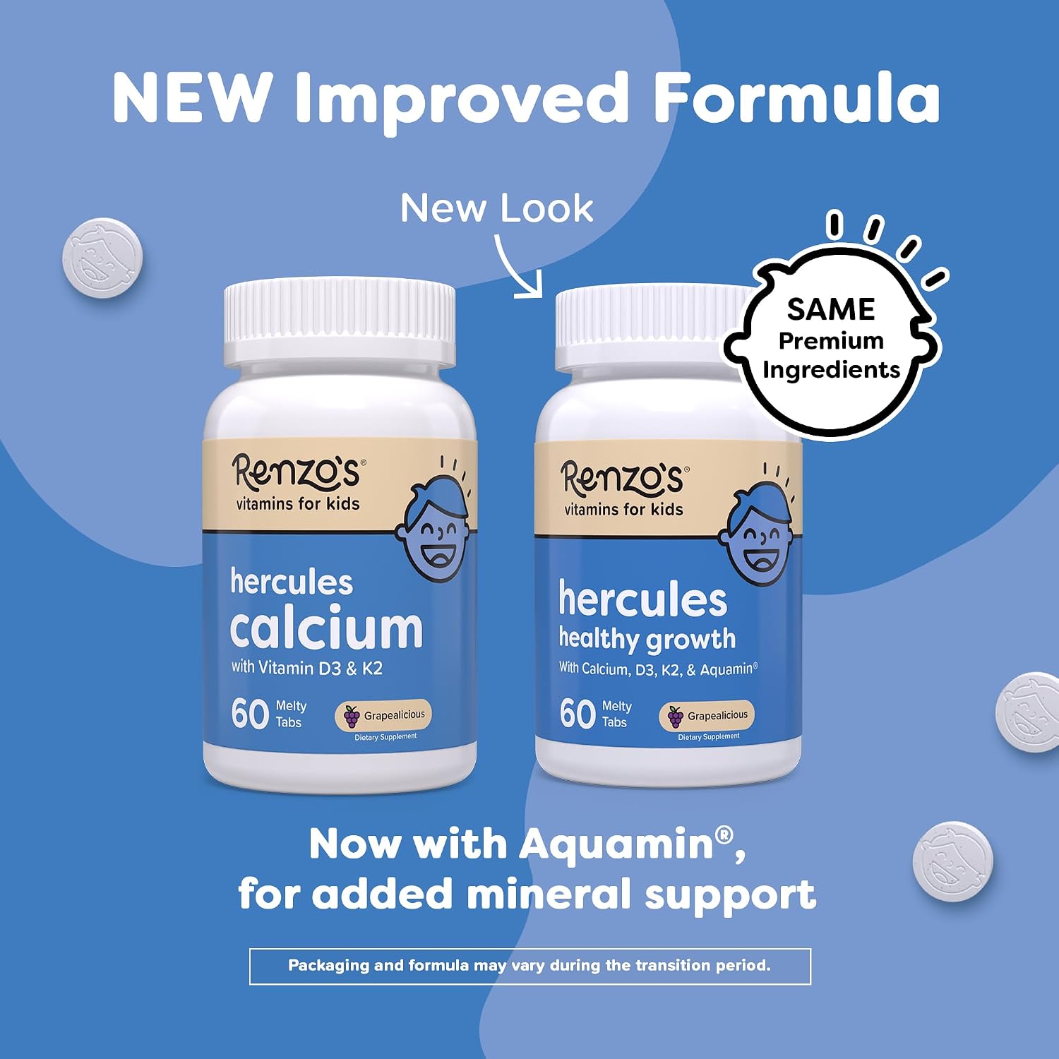 Renzo's Hercules Healthy Growth Calcium Supplement with Vitamin D3, K2 & Aquamin - Sugar-Free Dissolvable Tablets for Children Aged 2+ - Grape Flavour (60 Count) - görsel 4