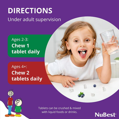 NuBest Tall Kids Chewable Vitamins for Toddlers & Kids Ages 2-9 | Bone Strength & Immune Support | 90 Berry Tablets (6-Week Supply)