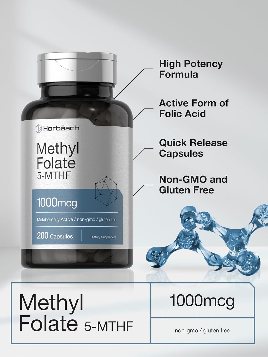 Horbäach Methyl Folate Supplement | 1000 mcg | 200 Capsules | Active 5-MTHF - görsel 4